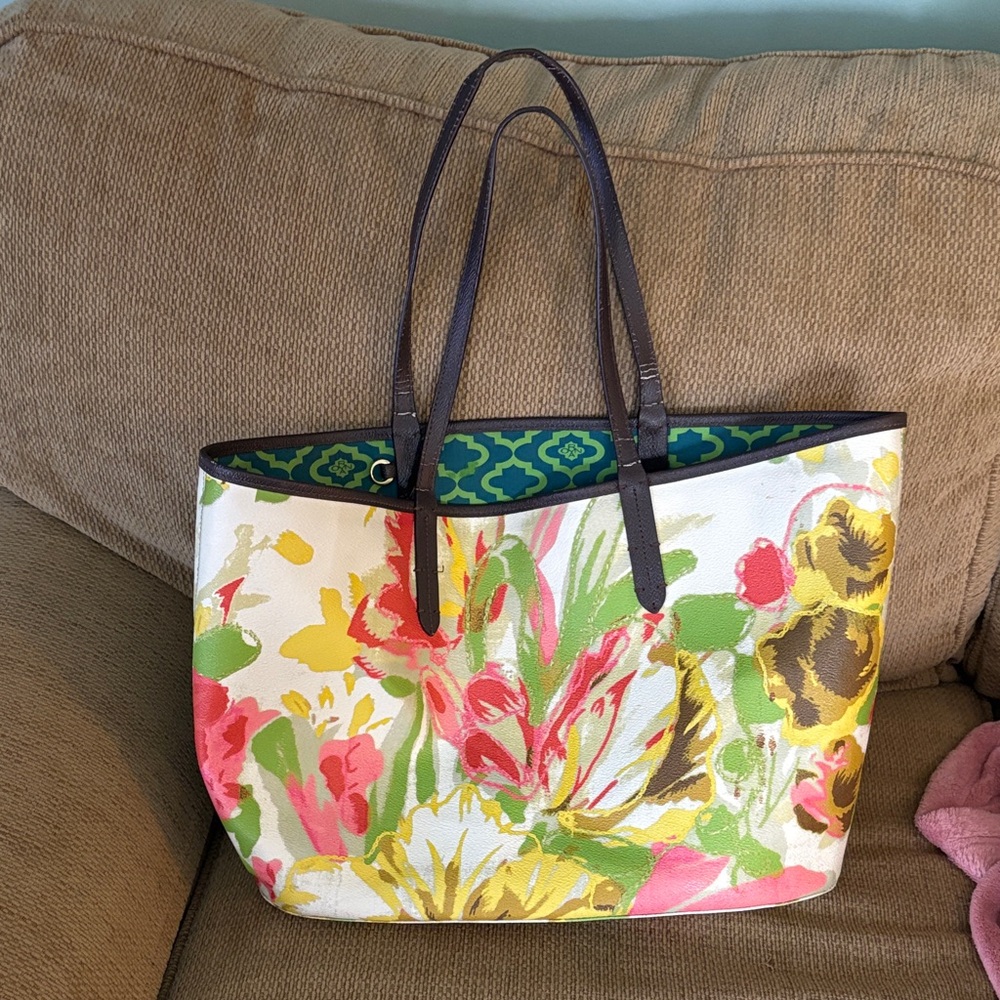 orYANY Multicolor Floral Coated Lombok Large Tote with Brown Handles